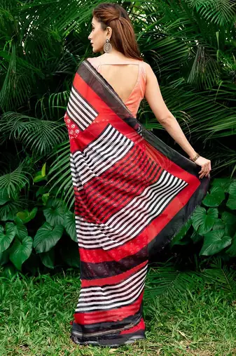 red printed pure cotton red saree with blouse