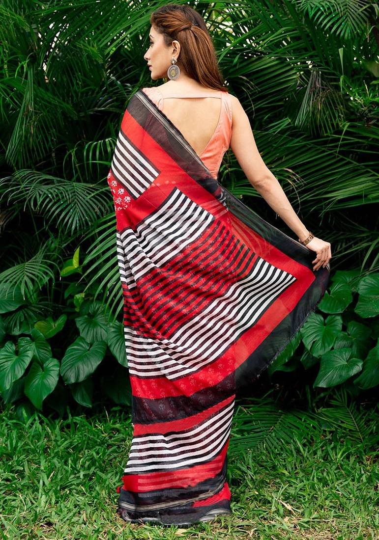 red printed pure cotton red saree with blouse