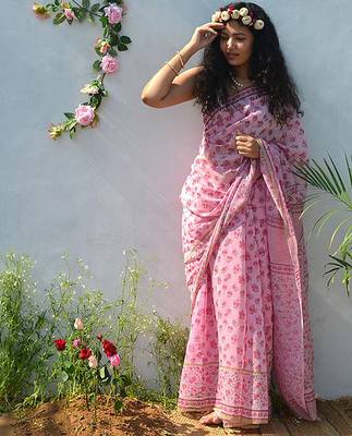 pink printed pure cotton pink saree with blouse 1