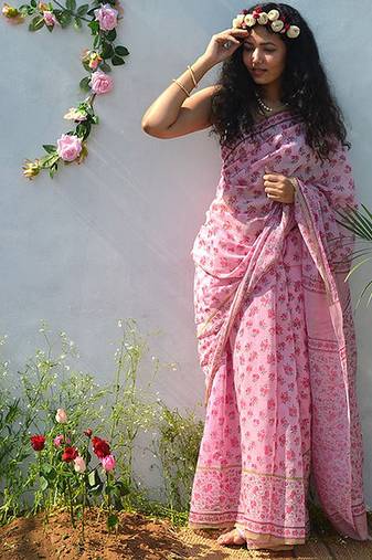 pink printed pure cotton pink saree with blouse