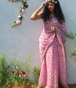 pink printed pure cotton pink saree with blouse