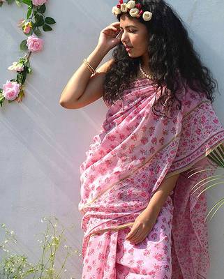 pink printed pure cotton pink saree with blouse 2