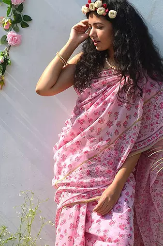 pink printed pure cotton pink saree with blouse