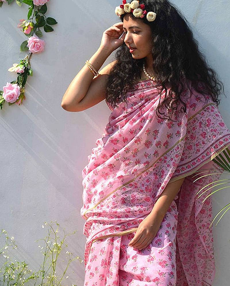 pink printed pure cotton pink saree with blouse