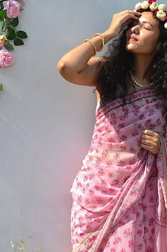 pink printed pure cotton pink saree with blouse