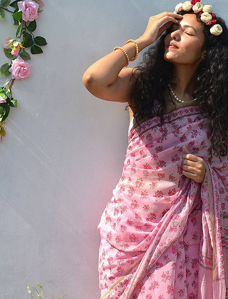 pink printed pure cotton pink saree with blouse