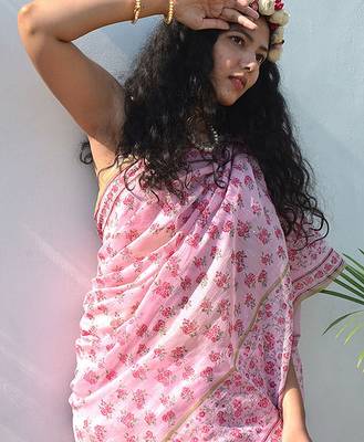 pink printed pure cotton pink saree with blouse 4