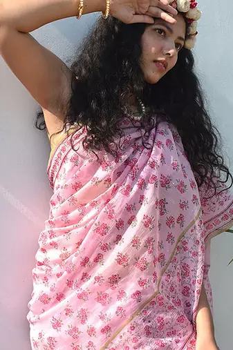 pink printed pure cotton pink saree with blouse