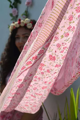 pink printed pure cotton pink saree with blouse