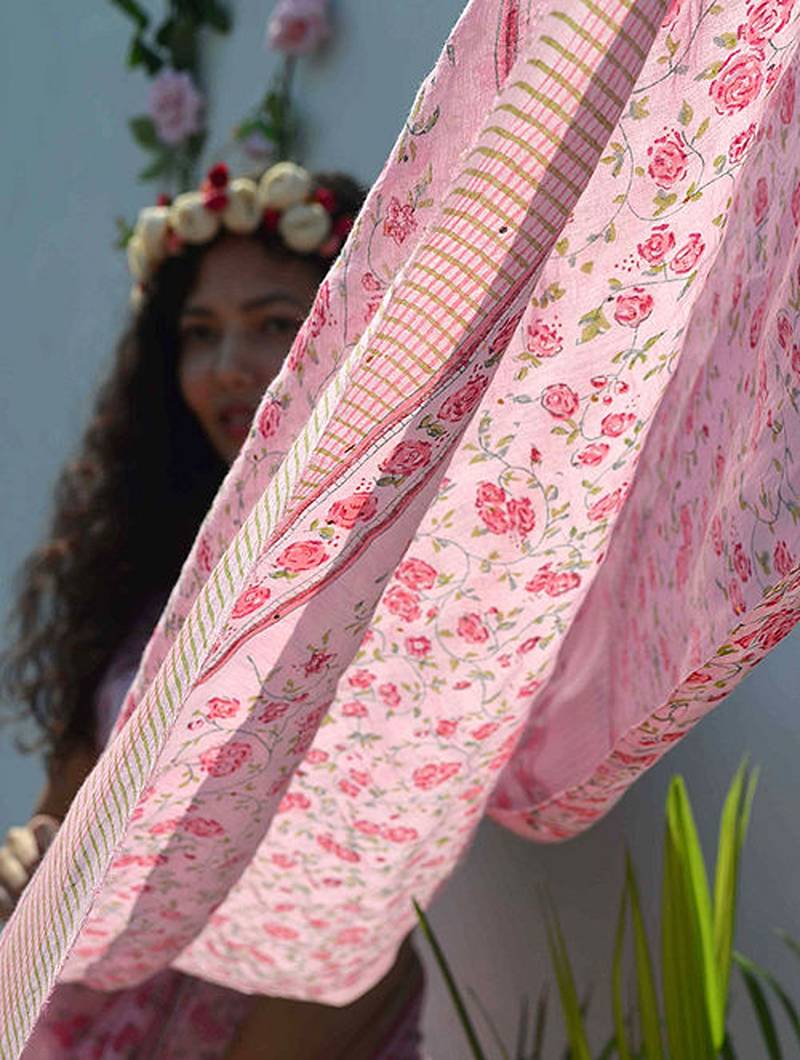 pink printed pure cotton pink saree with blouse