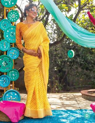 yellow printed pure cotton yellow saree with blouse 1