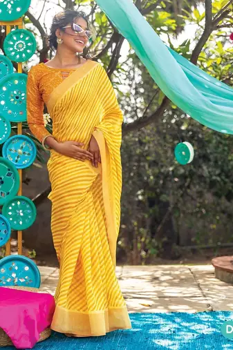 yellow printed pure cotton yellow saree with blouse
