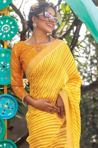 yellow printed pure cotton yellow saree with blouse