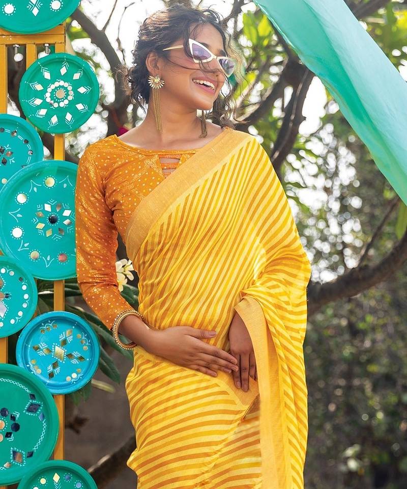 yellow printed pure cotton yellow saree with blouse