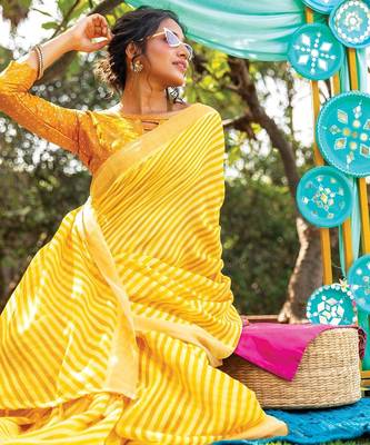 yellow printed pure cotton yellow saree with blouse 3