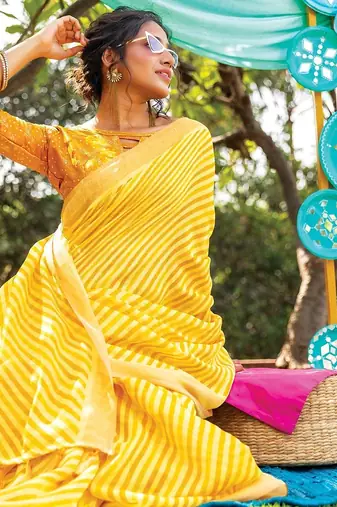yellow printed pure cotton yellow saree with blouse