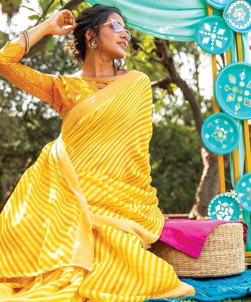 yellow printed pure cotton yellow saree with blouse