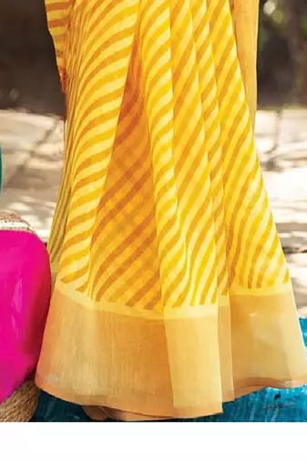 yellow printed pure cotton yellow saree with blouse