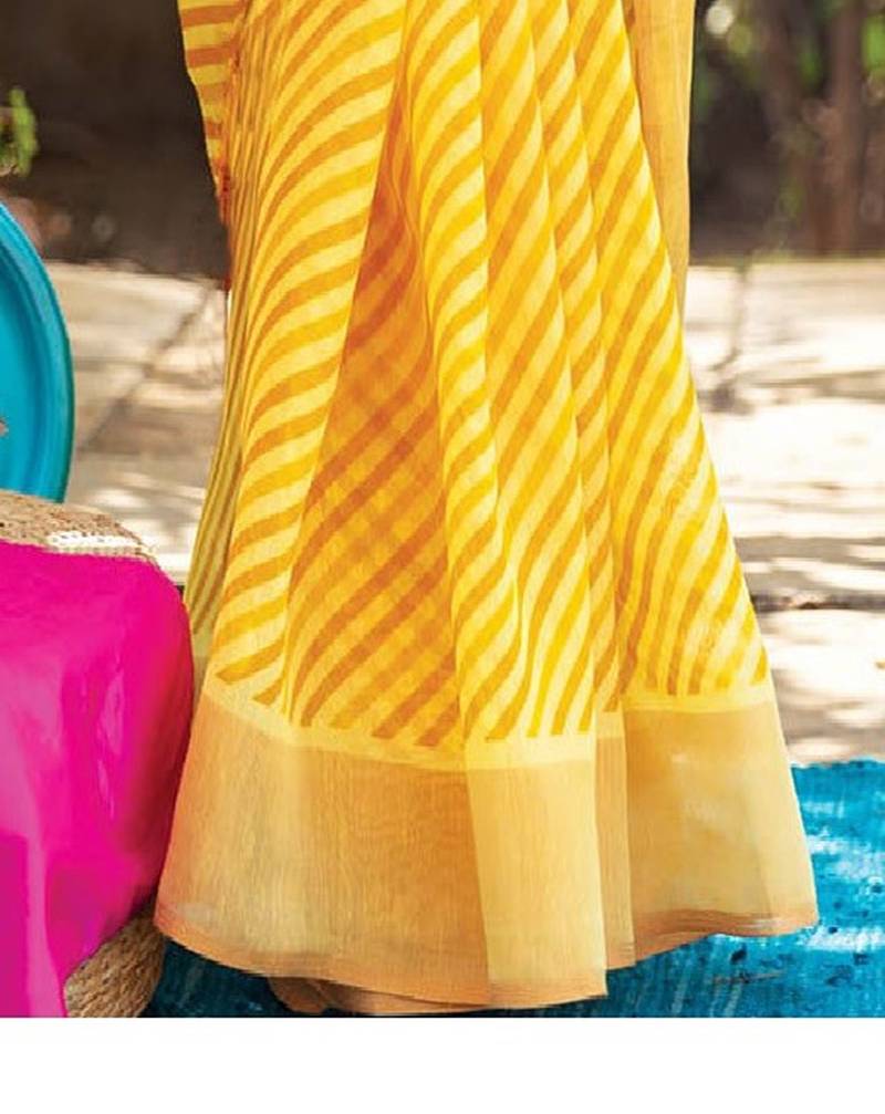 yellow printed pure cotton yellow saree with blouse