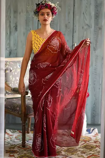 red printed pure cotton red saree with blouse