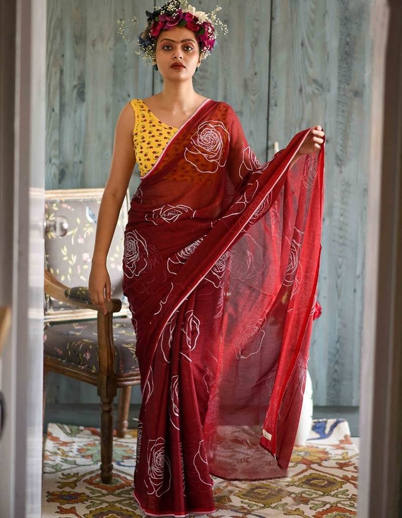 red printed pure cotton red saree with blouse