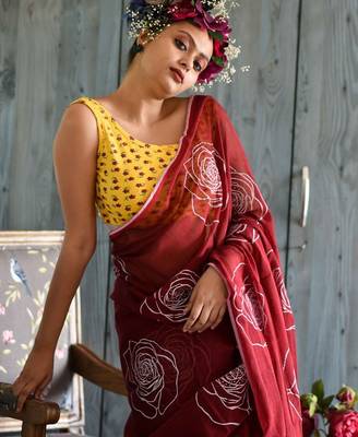 red printed pure cotton red saree with blouse 2