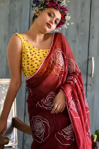 red printed pure cotton red saree with blouse