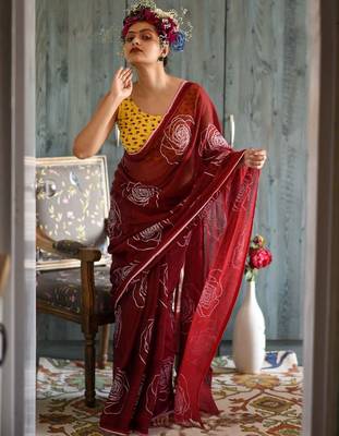 red printed pure cotton red saree with blouse 3