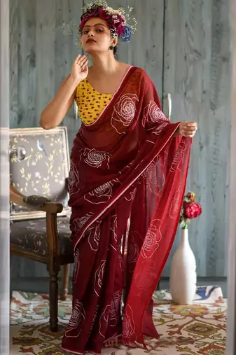 red printed pure cotton red saree with blouse