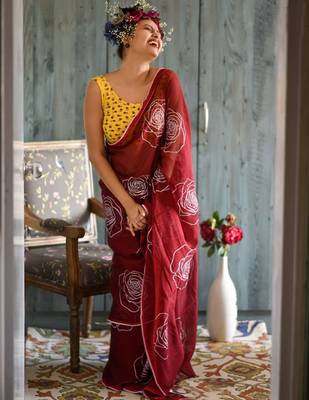 red printed pure cotton red saree with blouse 4