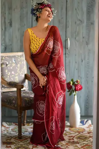 red printed pure cotton red saree with blouse