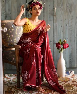red printed pure cotton red saree with blouse 5