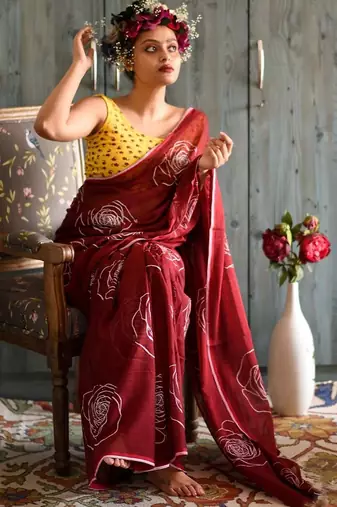 red printed pure cotton red saree with blouse
