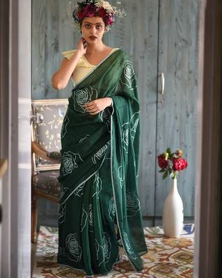 green printed pure cotton green saree with blouse 1