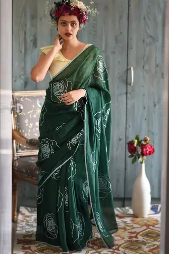 green printed pure cotton green saree with blouse