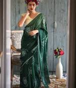 green printed pure cotton green saree with blouse