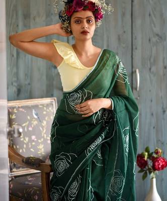 green printed pure cotton green saree with blouse 2