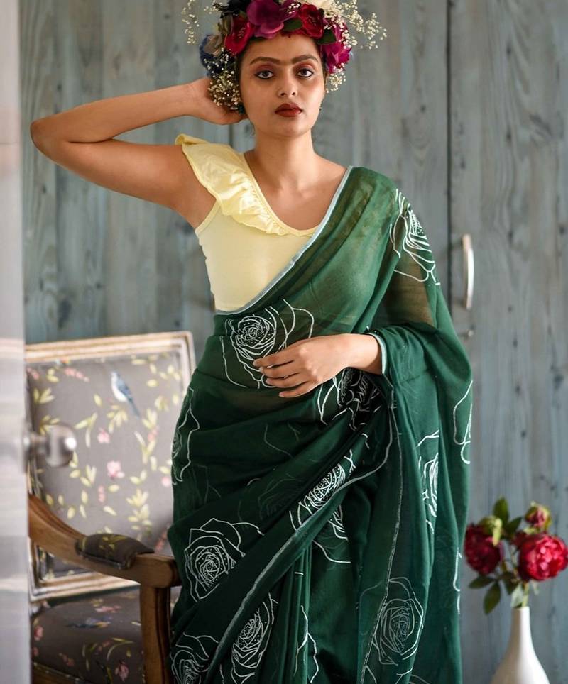 green printed pure cotton green saree with blouse