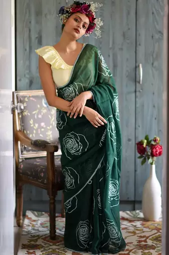 green printed pure cotton green saree with blouse