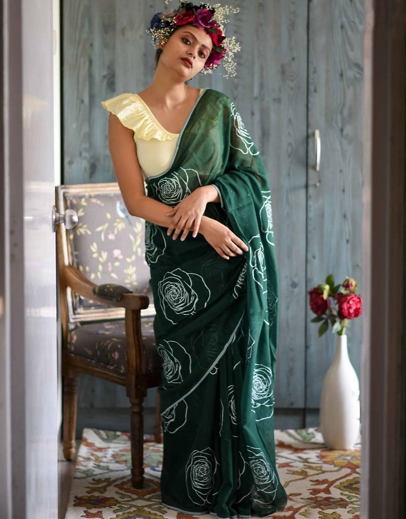 green printed pure cotton green saree with blouse