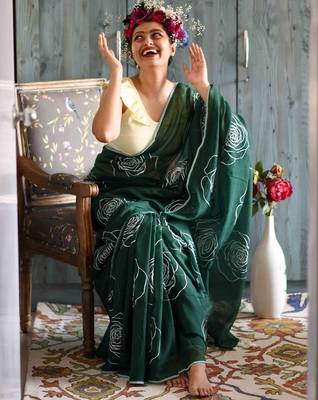 green printed pure cotton green saree with blouse 4