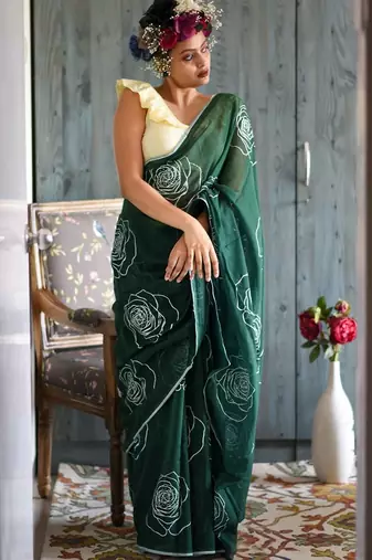 green printed pure cotton green saree with blouse