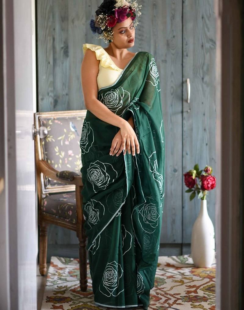 green printed pure cotton green saree with blouse