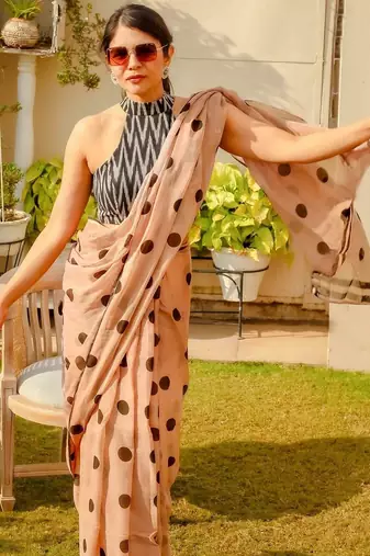 peach printed pure cotton peach saree with blouse