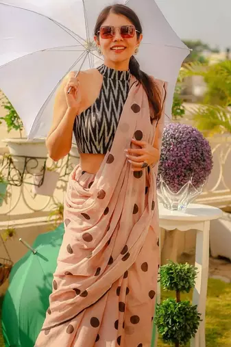 peach printed pure cotton peach saree with blouse