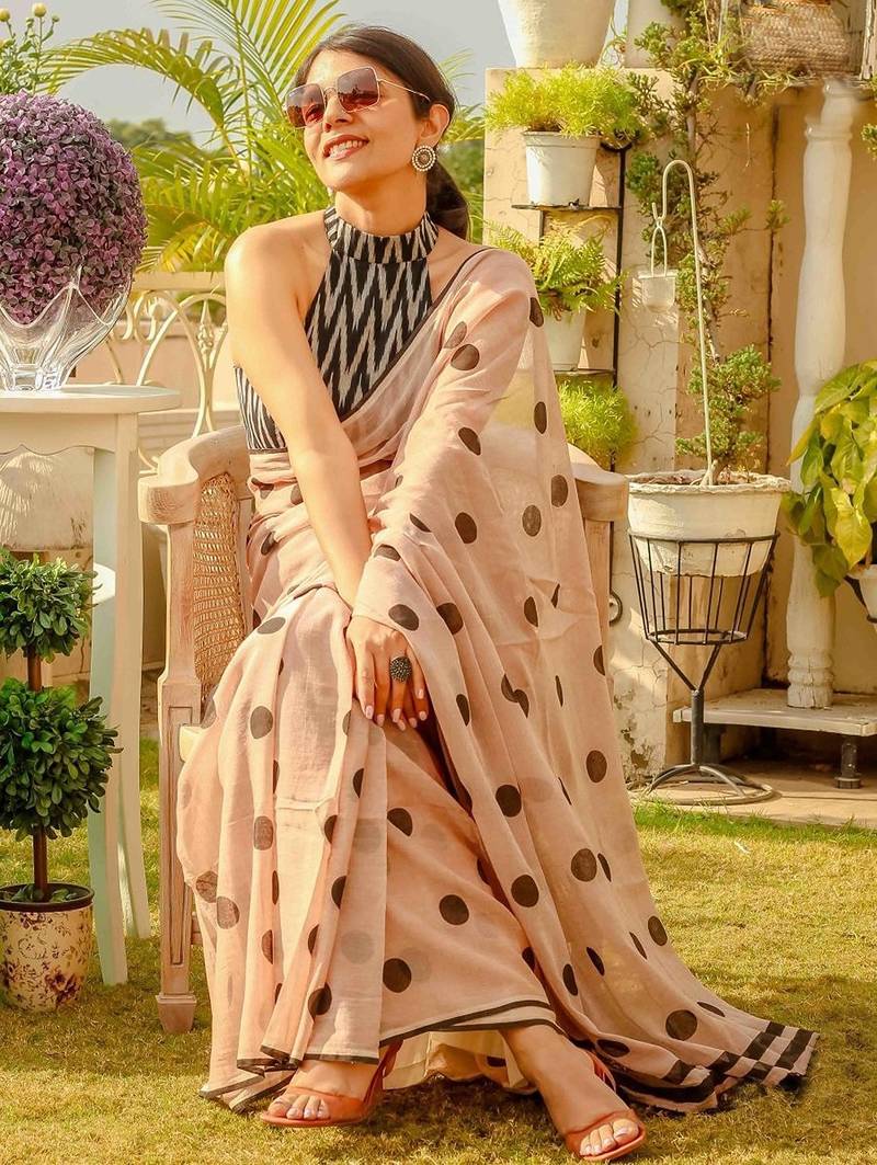 peach printed pure cotton peach saree with blouse