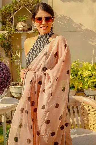 peach printed pure cotton peach saree with blouse