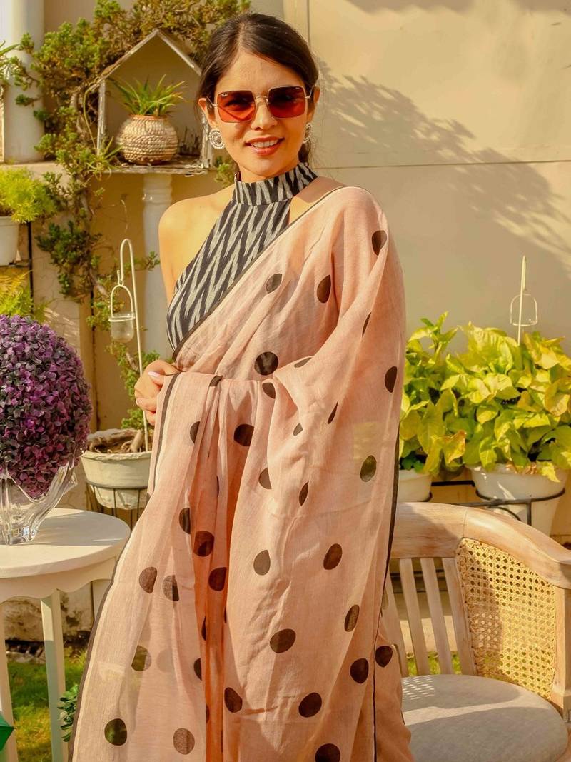 peach printed pure cotton peach saree with blouse