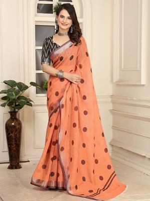 peach printed pure cotton peach saree with blouse 1