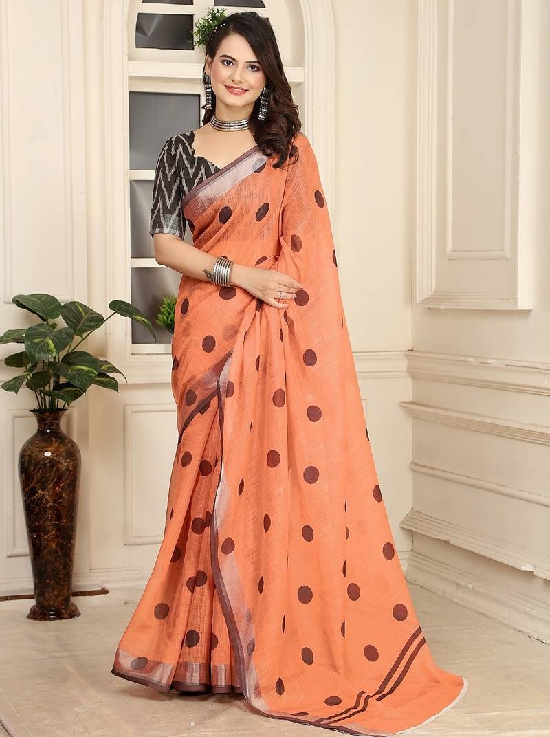 peach printed pure cotton peach saree with blouse
